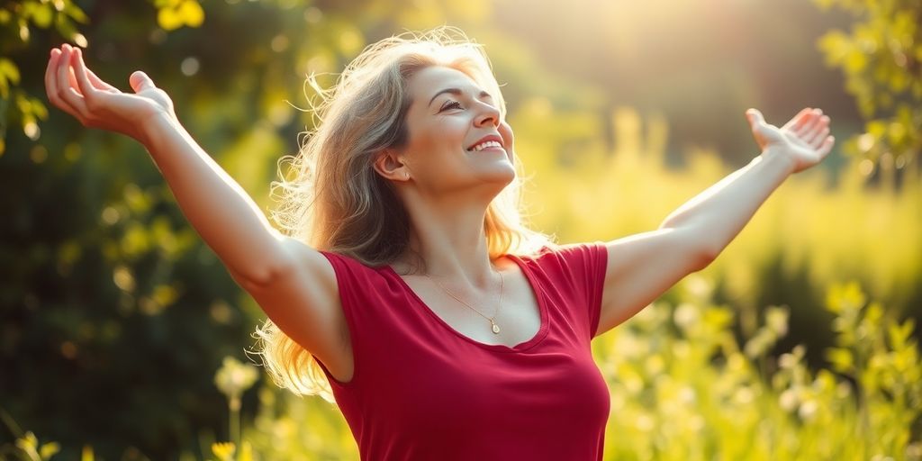 Mulher tranquila na natureza durante a menopausa.