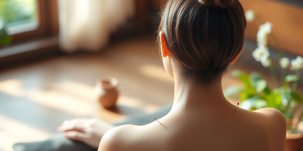 Mulher recebendo acupuntura em ambiente relaxante.