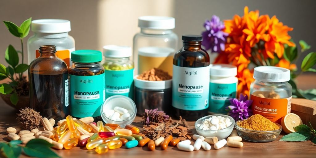 Suplementos naturais para menopausa em uma mesa de madeira.
