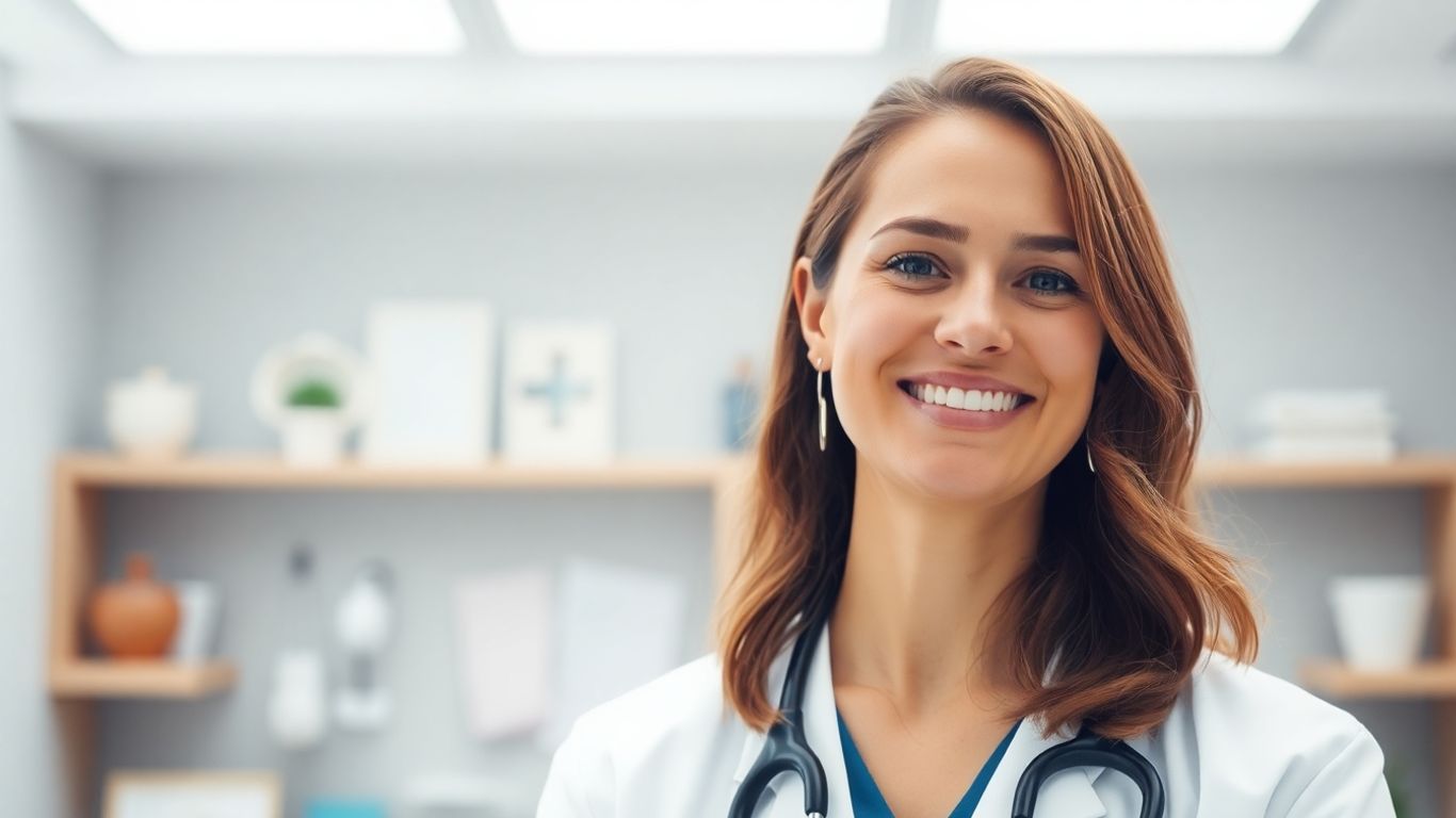 Ginecologista sorrindo em consultório médico