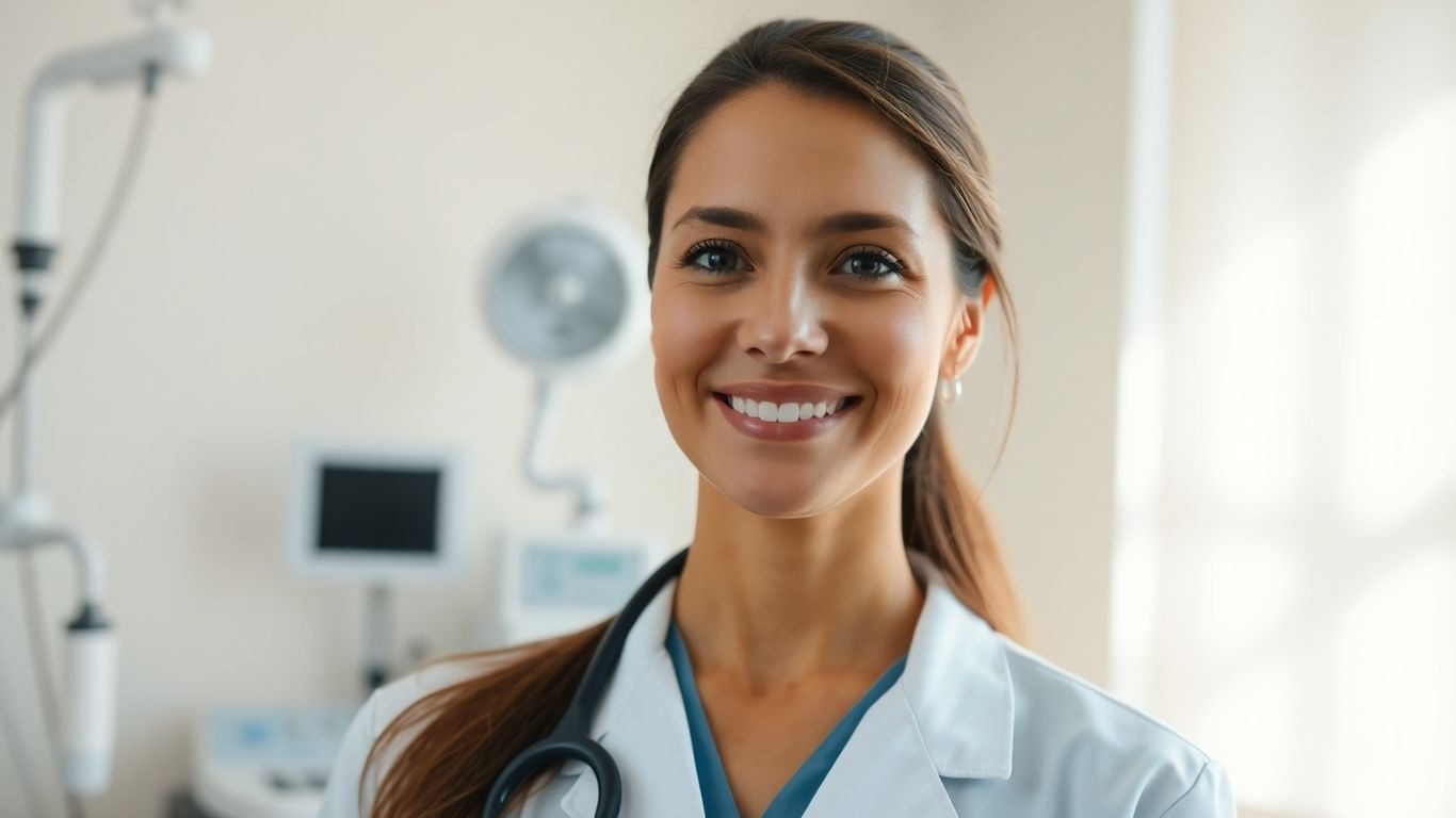 Ginecologista sorrindo em consultório médico.
