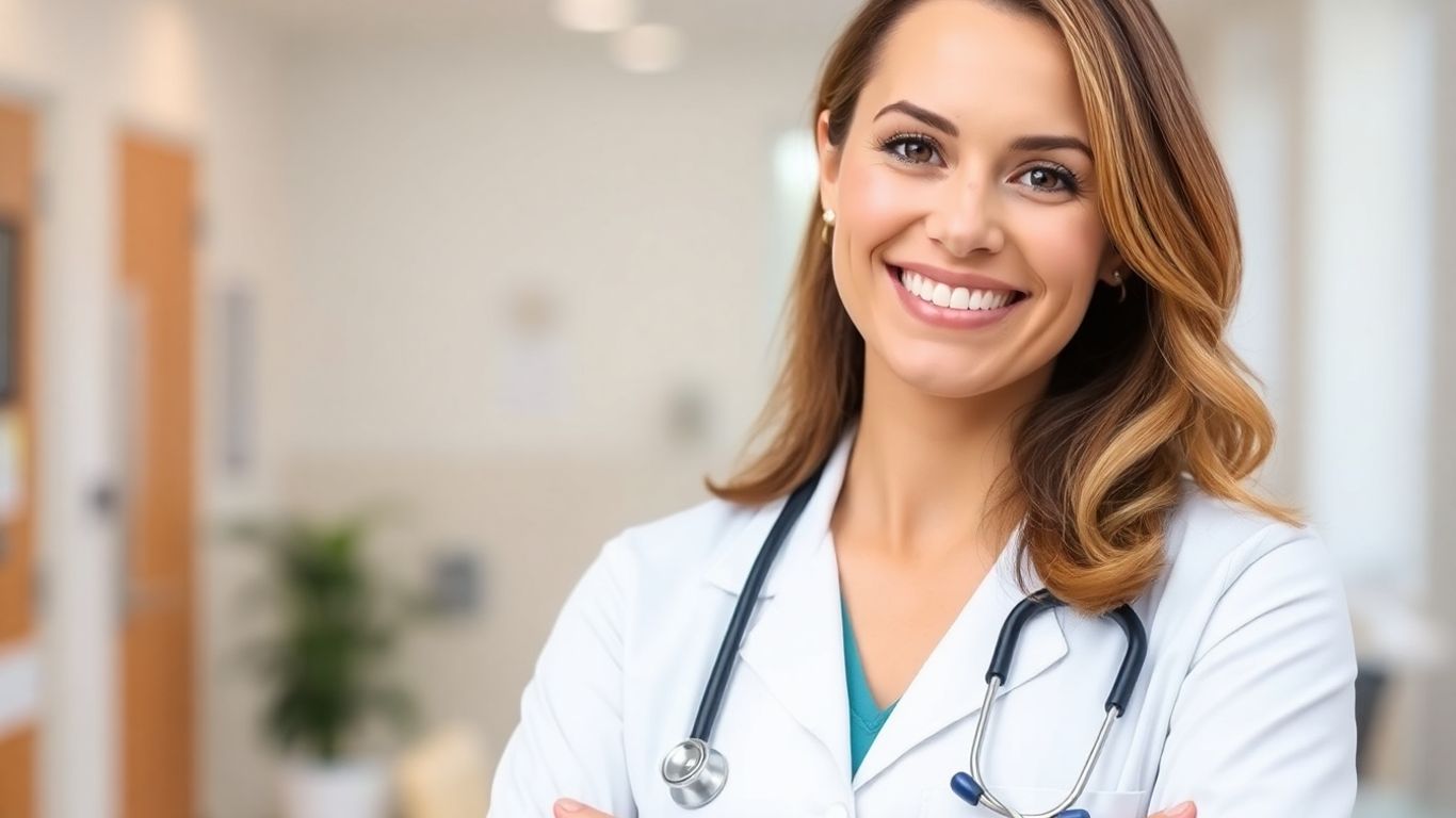 Médica ginecologista sorrindo com estetoscópio.