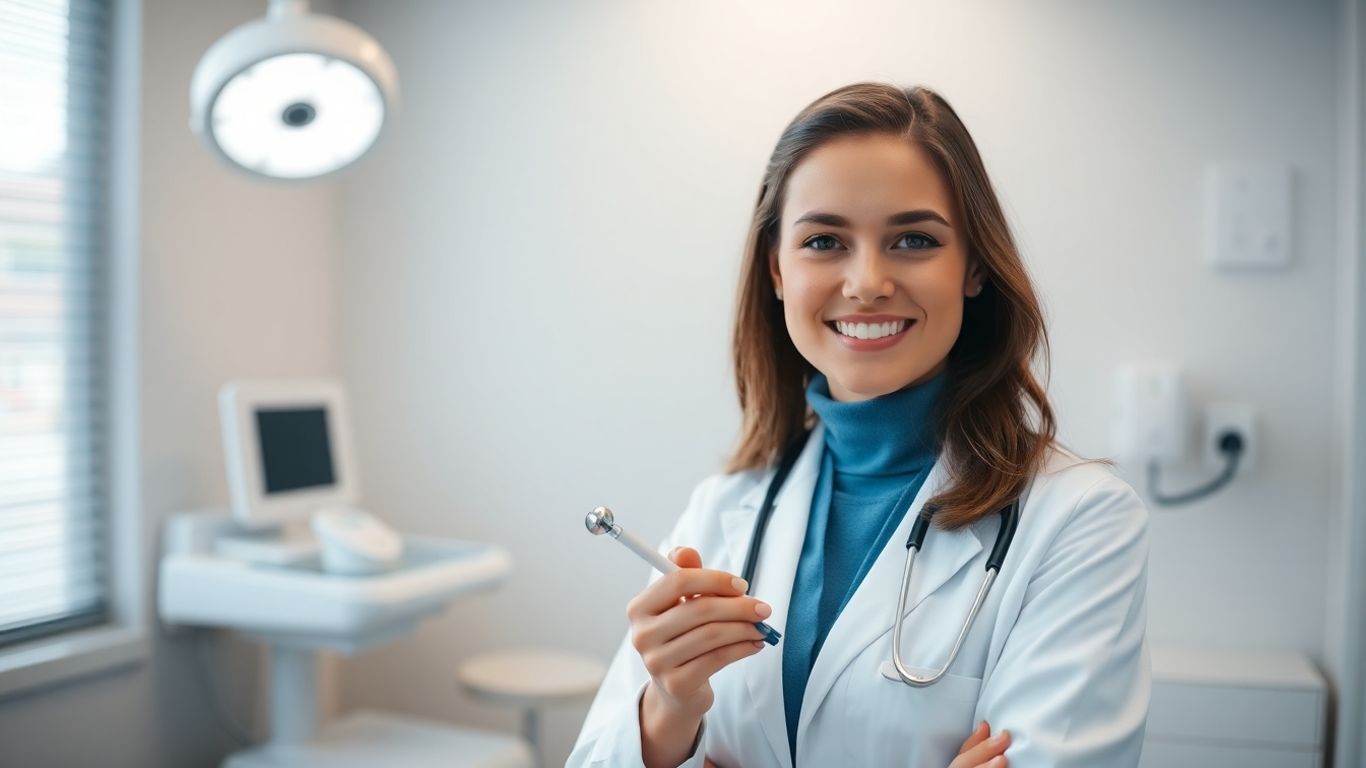 Médica sorrindo em consultório ginecológico.