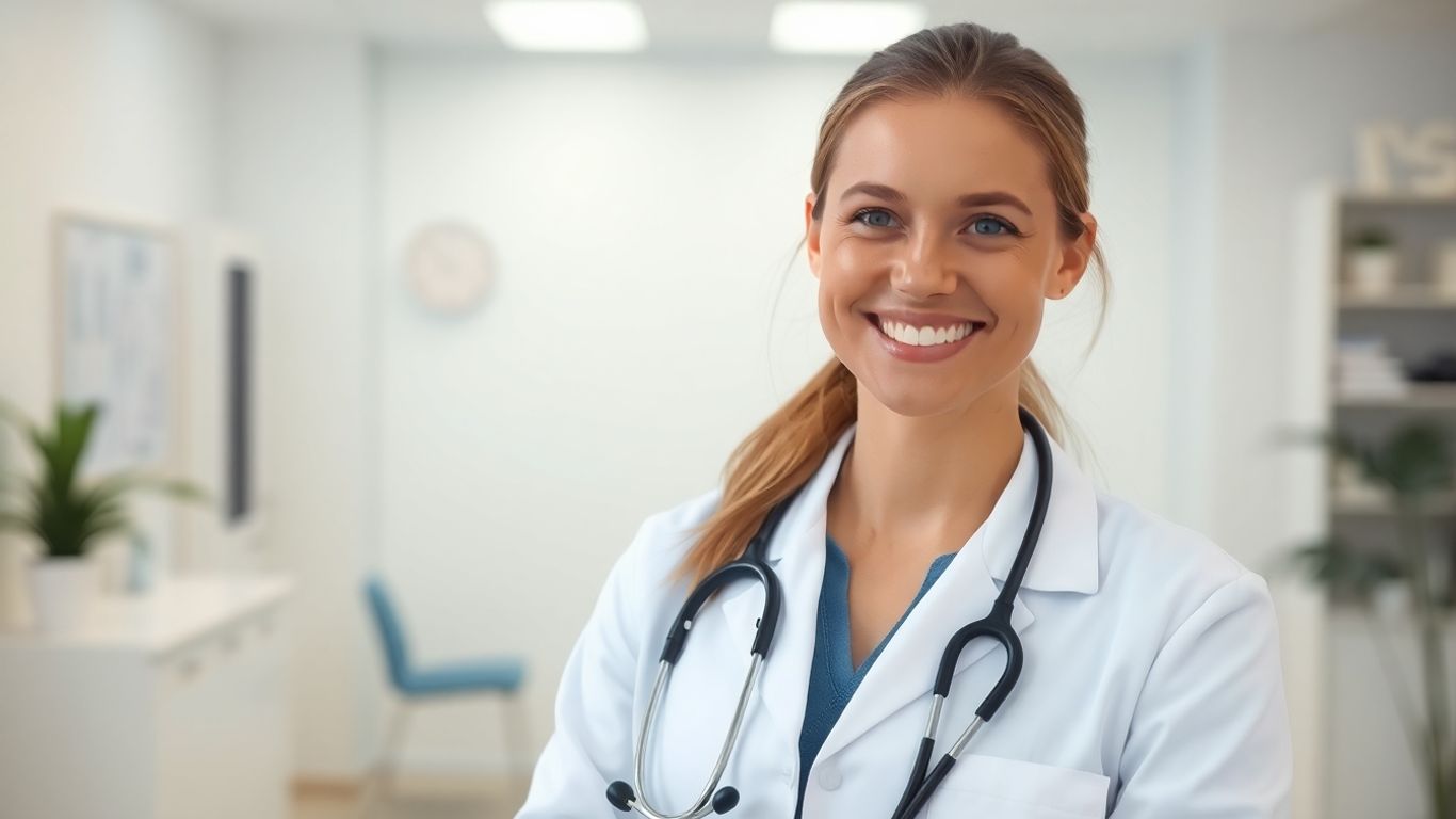 Médica sorrindo com estetoscópio em consultório.