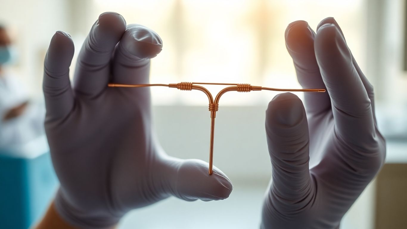 DIU de cobre em mãos com luvas em clínica médica