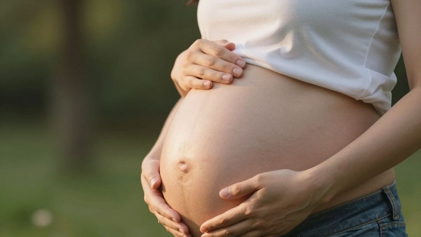 Mulher grávida tocando a barriga com cuidado.